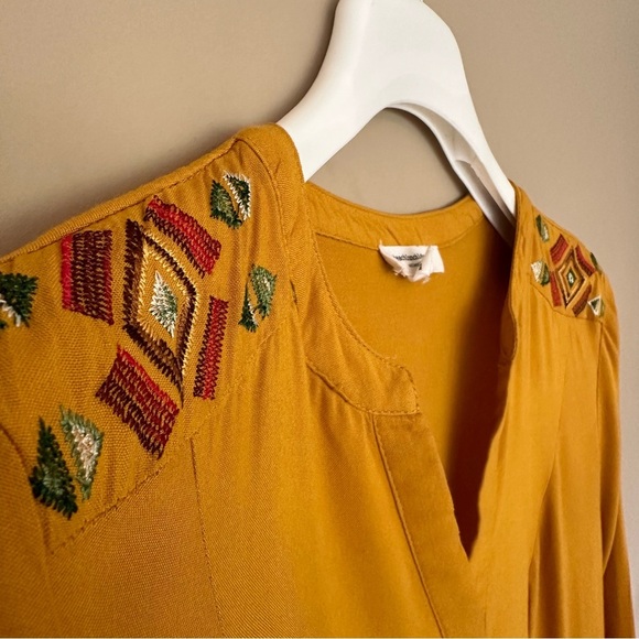 Women M Boho Long Sleeve Dress Embroidered V Neck India Mustard Gold Geometric - Picture 5 of 11